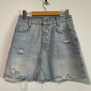 Distressed Button-Up Denim  Skirt - Small